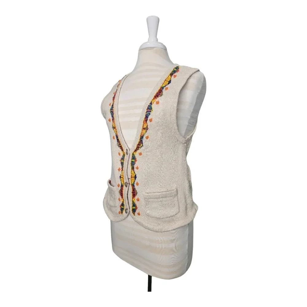 Vintage I.V.Y. Sweater Vest Rainbow Beading Cream V Neck Button Up Size M - Picture 5 of 11